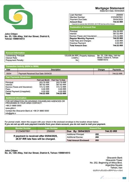 Download Iran Ghavamin Bank mortgage statement Word and PDF template Photoshop template